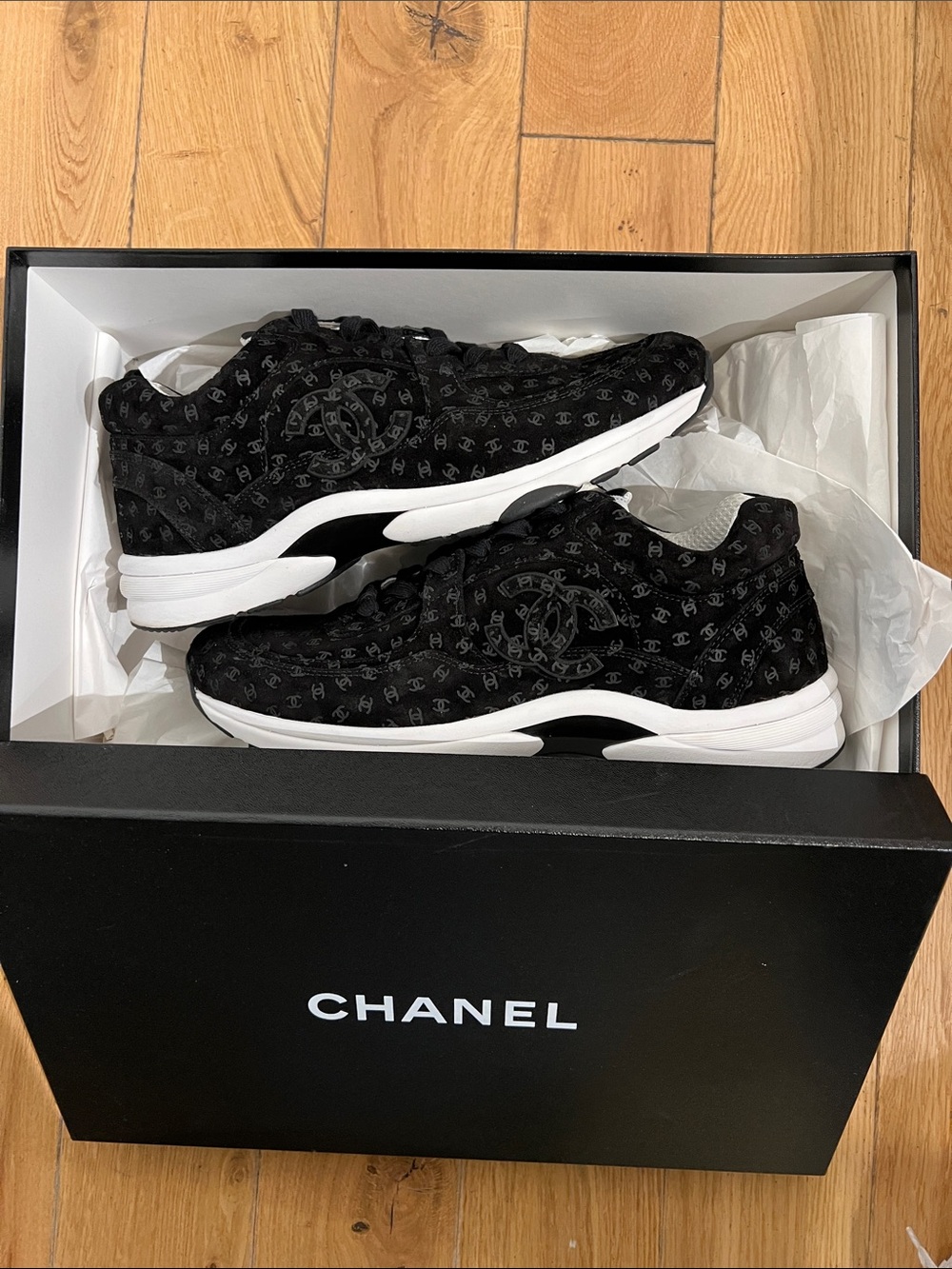 CHANEL Black Suede Interlocking CC Logo Sneakers